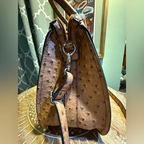 London Fog Brown Ostrich-Embossed Satchel Bag, often named "Lark" - Picture 4 of 12